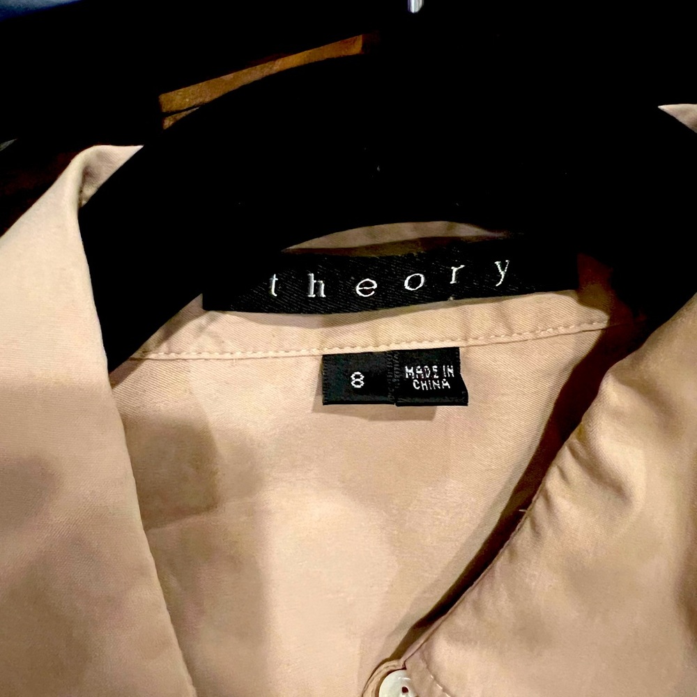 Theory, size 8, khaki colored button down shirt dress with belt.